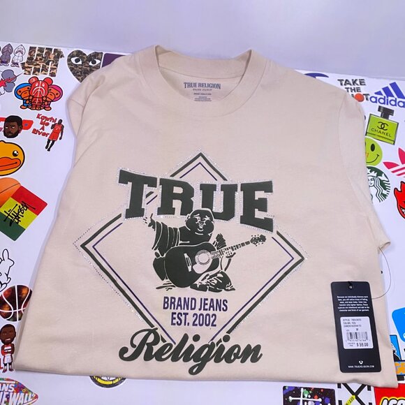 NEW True Religion Men's Rhinestone Diamond Buddha Tee Short Sleeve T-shirt Fog M - Picture 1 of 9